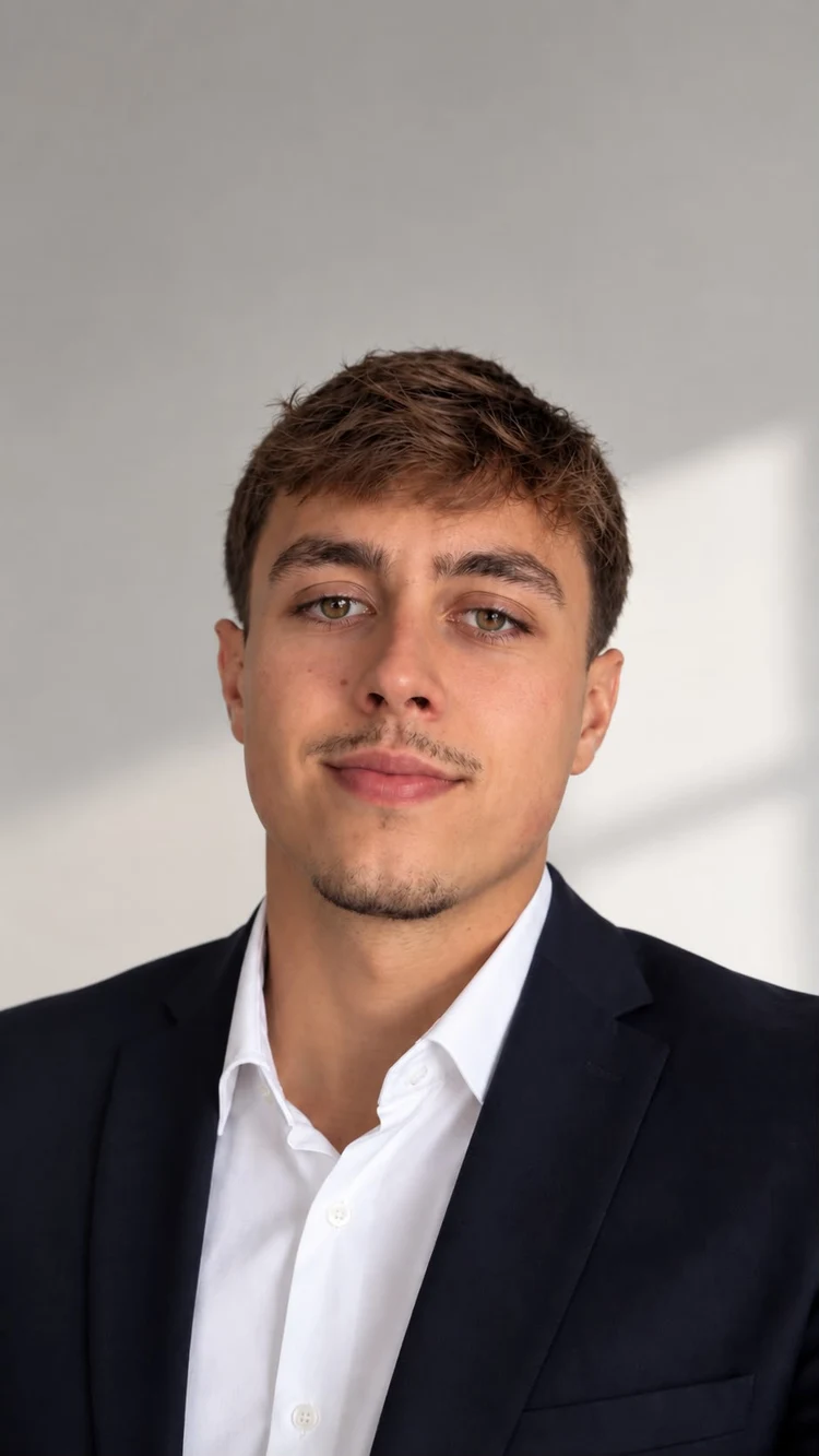 Aaron Nickl im dunklen Anzug mit offenem weißen Hemd